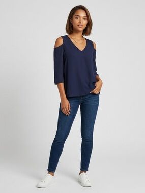 Collective Concepts Navy Blue Lightweight Cutout Cold Shoulder V Neck Blouse
